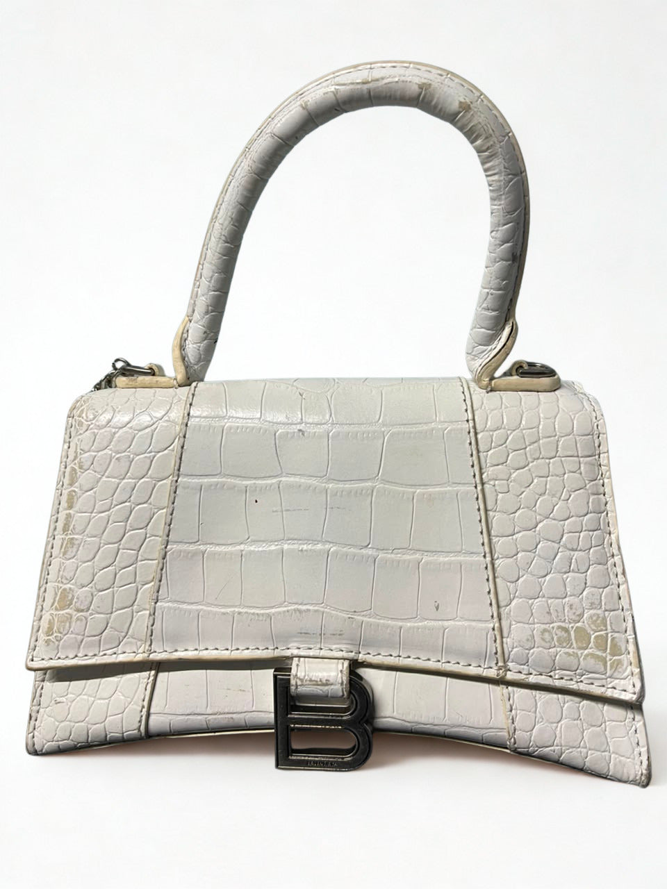 Balenciaga Hourglass Top Handle Bag – White Crocodile-Embossed Leather