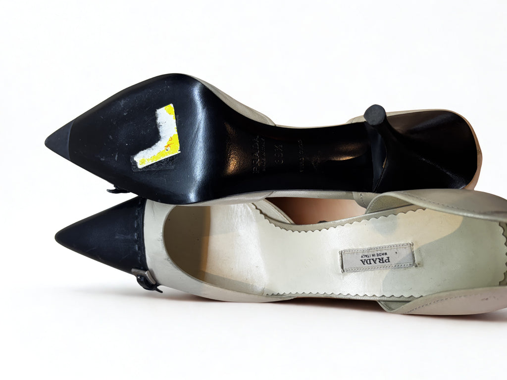 Prada Black & Ivory Leather Pointed Toe D’Orsay Heels