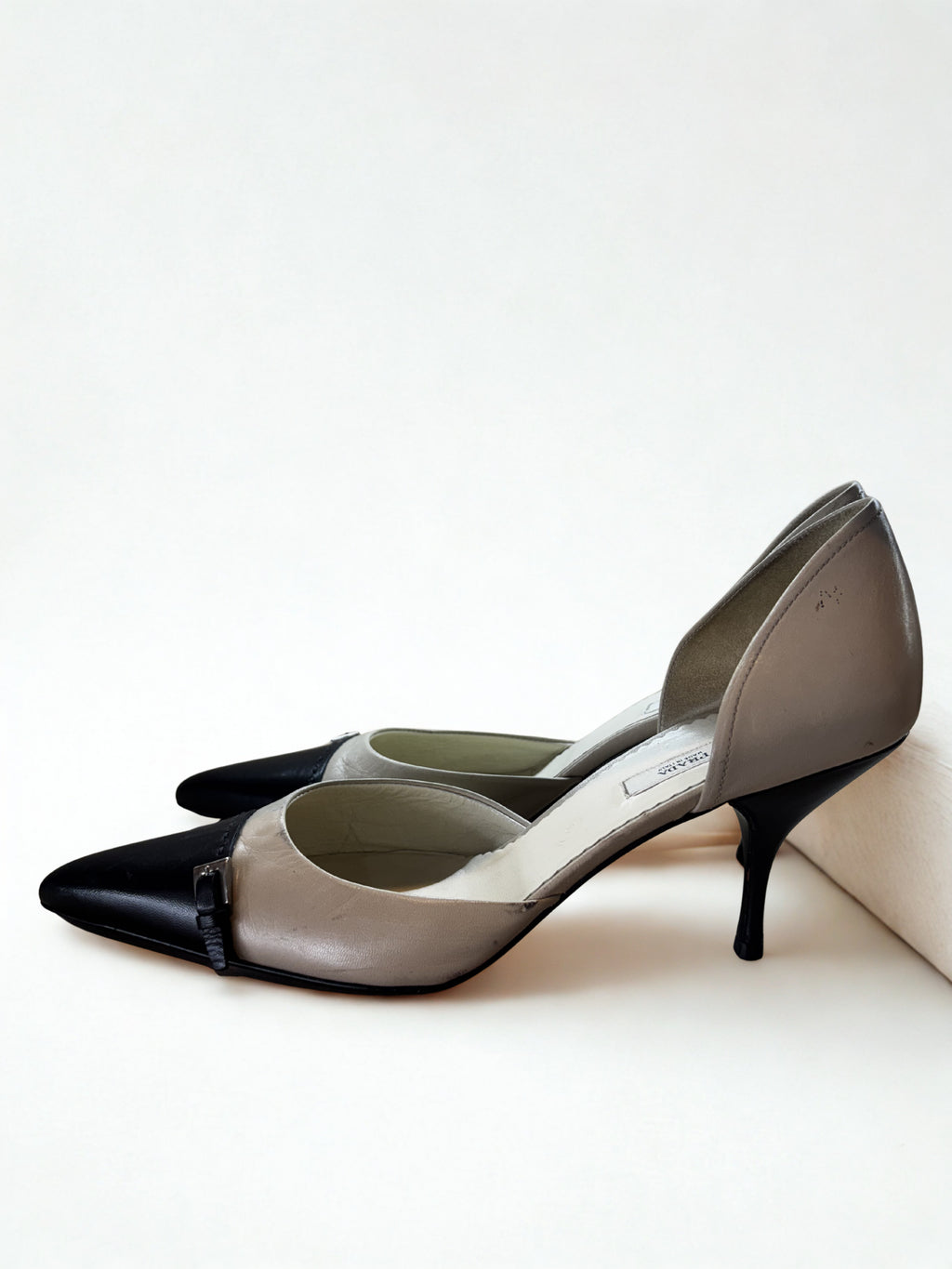 Prada Black & Ivory Leather Pointed Toe D’Orsay Heels