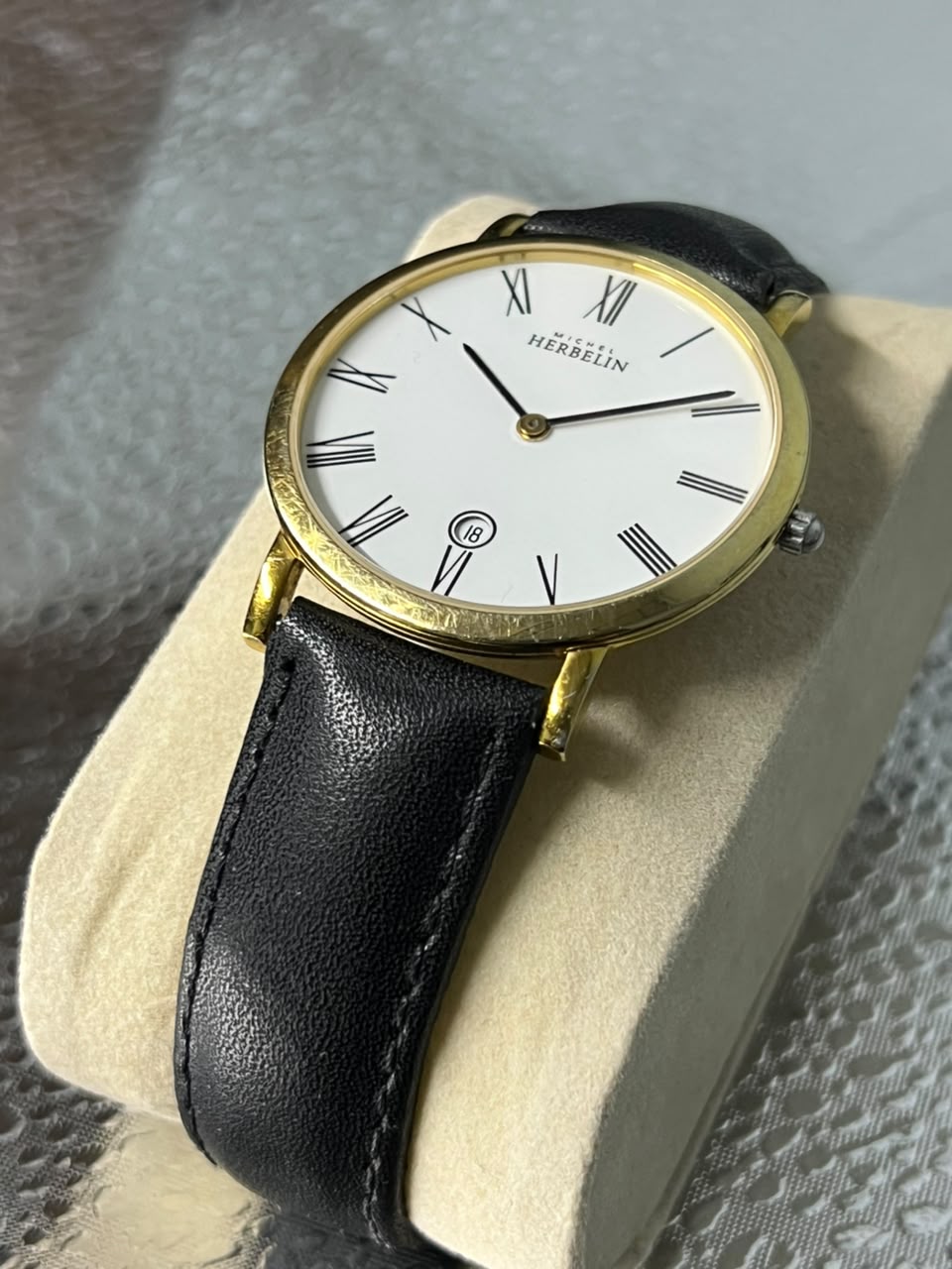 Michel Herbelin Gold & Black Leather Watch