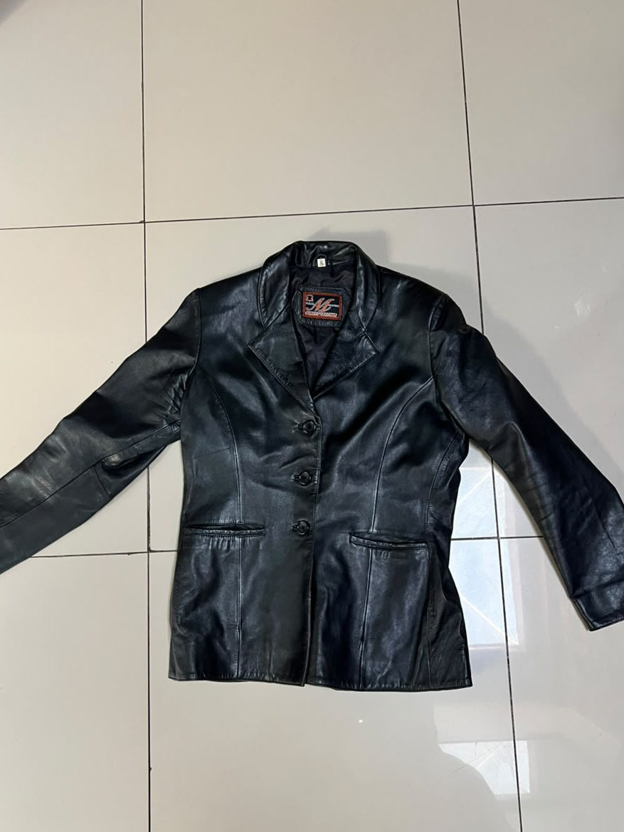 Black Leather Blazer-Style Jacket - Women's
