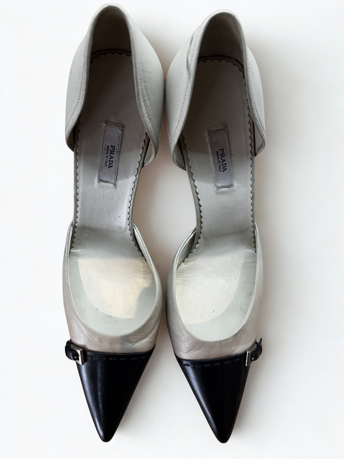 Prada Black & Ivory Leather Pointed Toe D’Orsay Heels