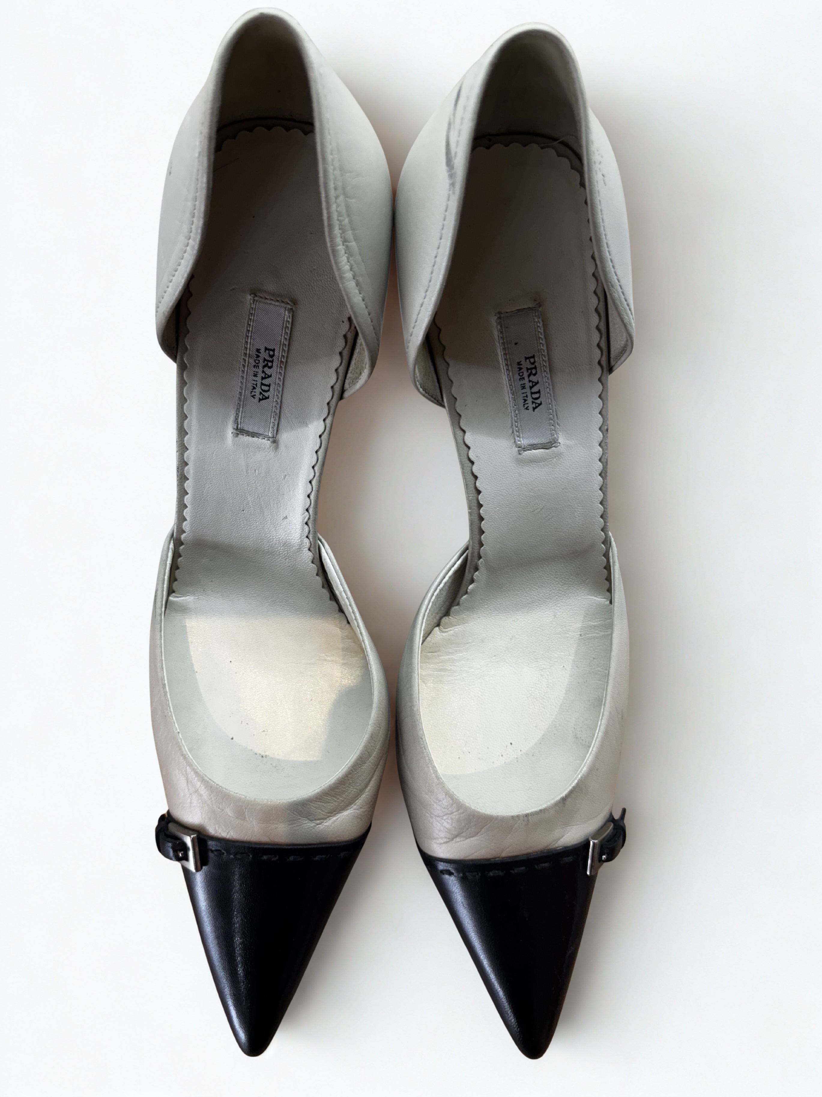 Prada Black & Ivory Leather Pointed Toe D’Orsay Heels