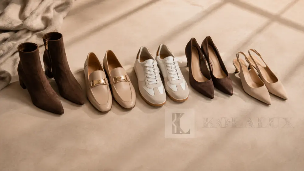 Designer ankle boots, loafers, sneakers, pumps and kitten heels arranged in a polished neutral display.
