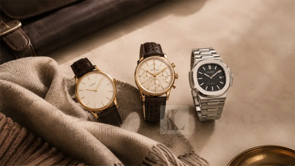 Three luxury watches featuring dress, chronograph and sport styles arranged on warm neutral fabrics.