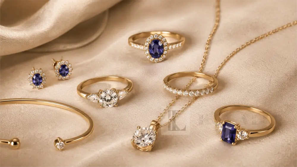 Gold diamond and blue gemstone rings, earrings, bracelet and pendant arranged on soft cream fabric.