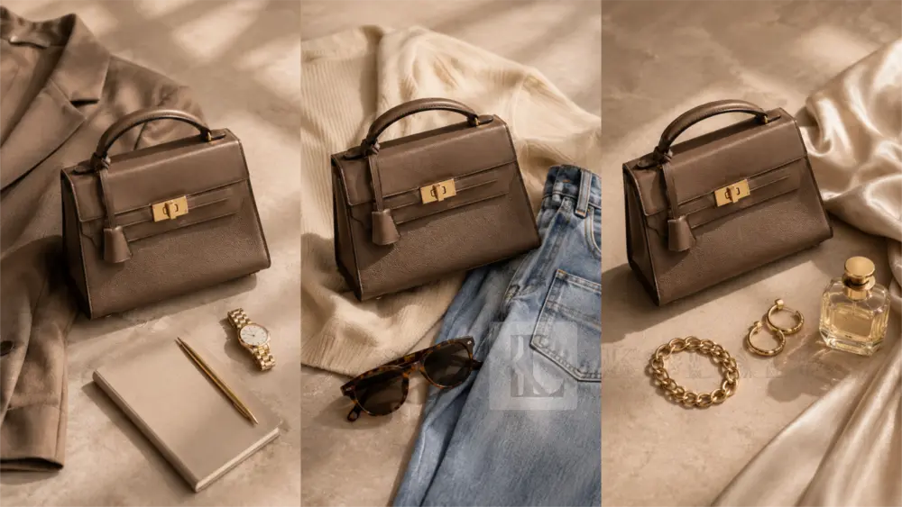 Taupe designer handbag styled for work, casual weekend wear and an elegant evening look.
